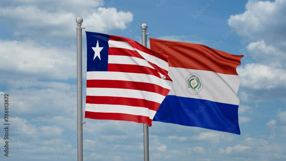 Paraguay and Liberia two flags waving together, looped video, two country relations concept Paraguay and Liberia two flags waving together, looped video, two country relations concept