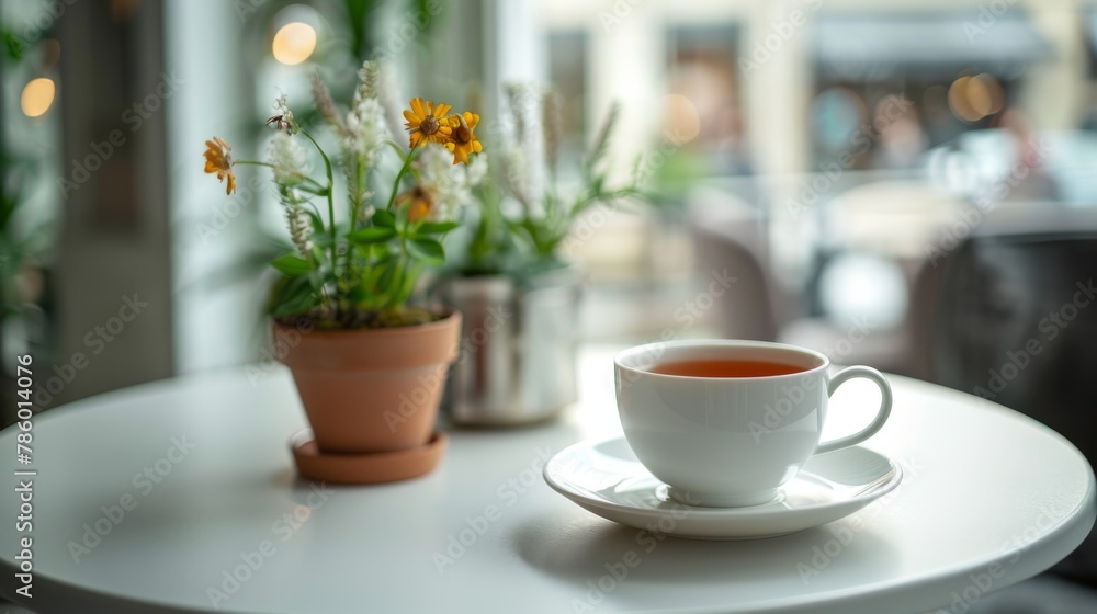 A teacup rests on a saucer on a table beside a plant A teacup rests on a saucer on a table beside a plant