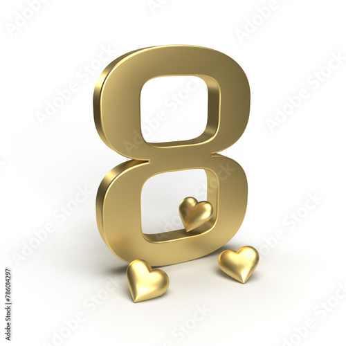 Gold number 8, eight with hearts around it. Idea for Valentine's Day, wedding anniversary or sale. 3d rendering
