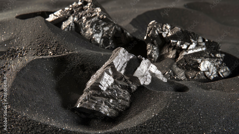 Arranges the carbon chunk on a bed of deep black sand, simulating its natural environment and emphasizing its raw, unrefined beauty against similarly dark materials