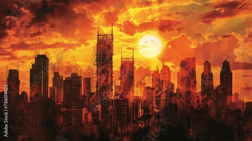 Dystopian city skyline silhouetted against a fiery sunset