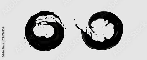 Black glossy liquid circle shape splash. Realistic 3d vector illustration set of dark paint or ink circular wave. Abstract dynamic action flow of oil or petrol. Falling splatter of gasoline.