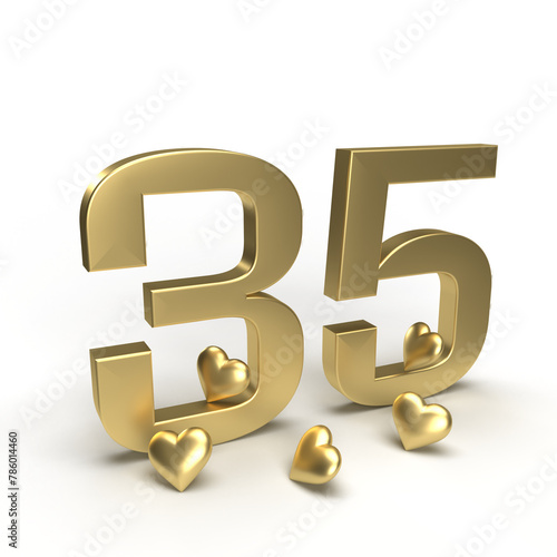 Gold number 35, thirty five with hearts around it. Idea for Valentine's Day, wedding anniversary or sale. 3d rendering