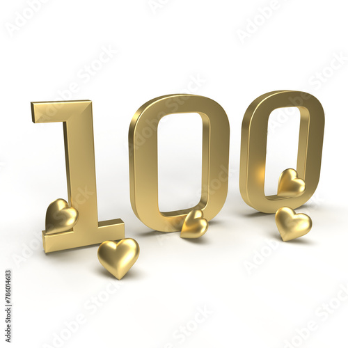 Gold number 100, hundred with hearts around it. Idea for Valentine's Day, wedding anniversary or sale. 3d rendering