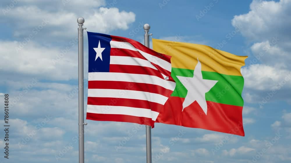 Myanmar aka Burma and Liberia two flags waving together, looped video, two country relations concept Myanmar aka Burma and Liberia two flags waving together, looped video, two country relations concept