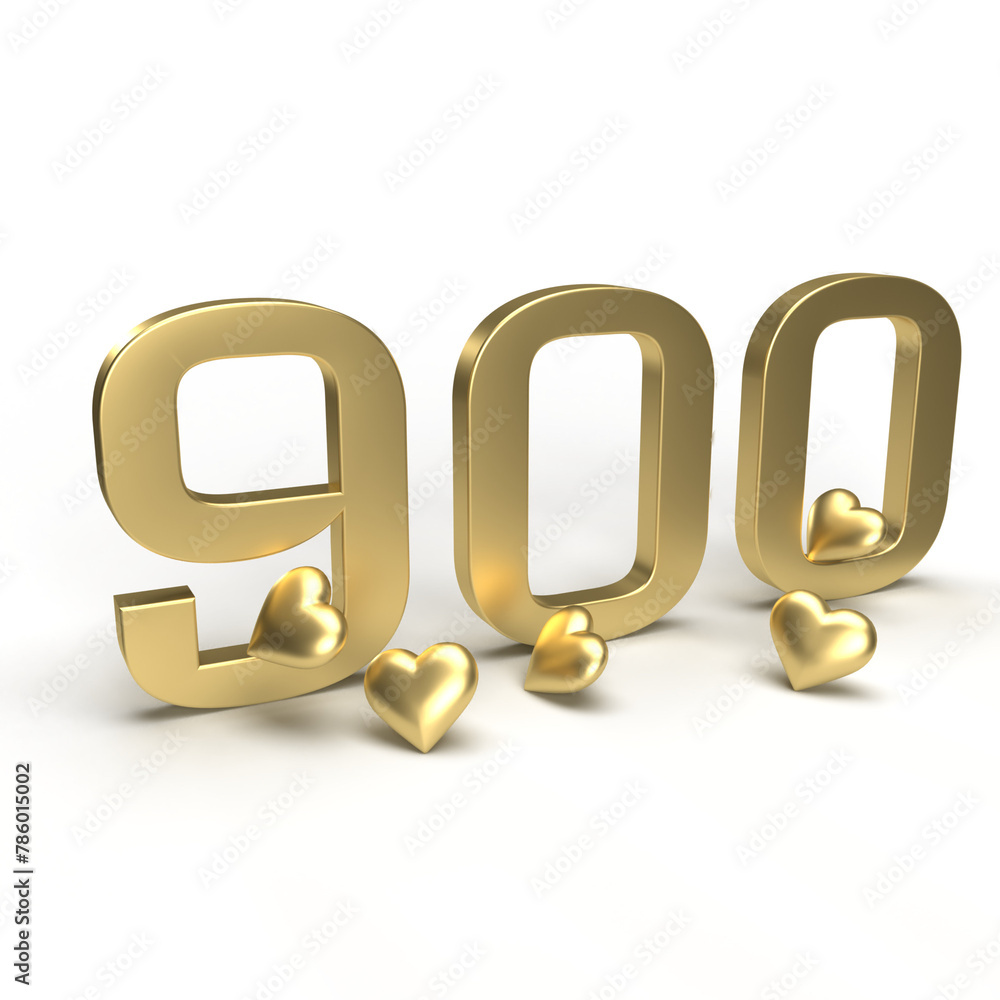 Gold number 900, nine hundred with hearts around it. Idea for Valentine's Day, wedding anniversary or sale. 3d rendering Gold number 900, nine hundred with hearts around it. Idea for Valentine's Day, wedding anniversary or sale. 3d rendering