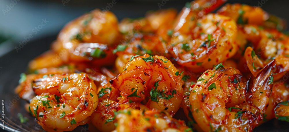 Delicious spicy glazed shrimp dish on black plate Delicious spicy glazed shrimp dish on black plate