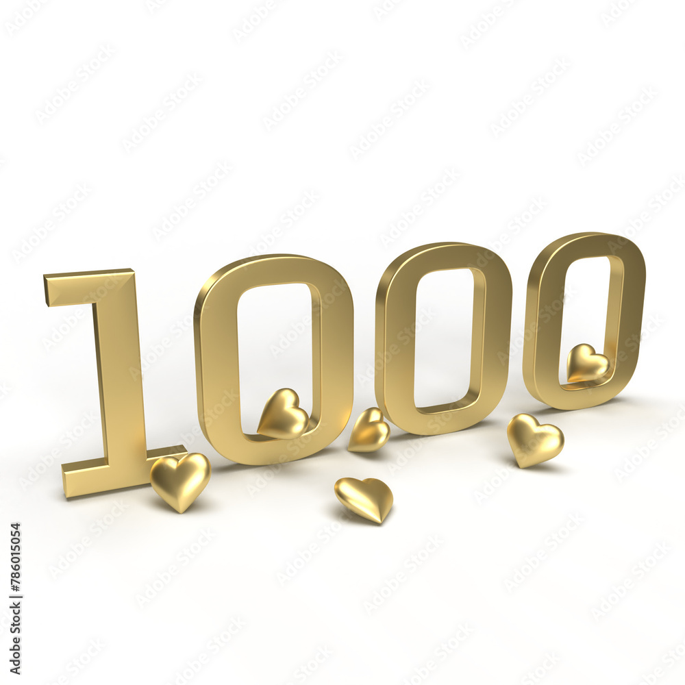 Gold number 1000, thousand with hearts around it. Idea for Valentine's Day, wedding anniversary or sale. 3d rendering Gold number 1000, thousand with hearts around it. Idea for Valentine's Day, wedding anniversary or sale. 3d rendering