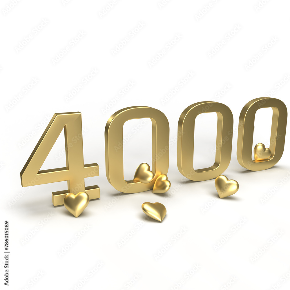 Gold number 4000, four thousand with hearts around it. Idea for Valentine's Day, wedding anniversary or sale. 3d rendering Gold number 4000, four thousand with hearts around it. Idea for Valentine's Day, wedding anniversary or sale. 3d rendering
