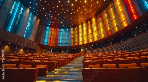 Stunning interior of the European Parliament meeting room with vibrant colored glass panels and comfortable seating arrangement, showcasing modern architecture and design. photo
