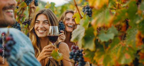 Group of friends enjoying wine tasting in vineyard