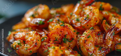 Delicious spicy glazed shrimp dish on black plate