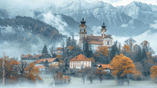 Captivating autumn landscape featuring the Balzers village nestled among colorful trees, with foggy mountains and historical architecture in the backdrop, creating a serene, picturesque setting.