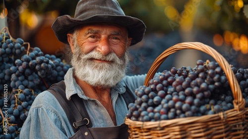 Portrait of a joyful senior winemaker with a beard, smiling while holding a basket full of ripe grapes in a vineyard during sunset.