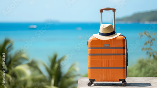 A suitcase with beach accessories on the background of sand, sea and sky. The concept of summer travel. © Свет Лана