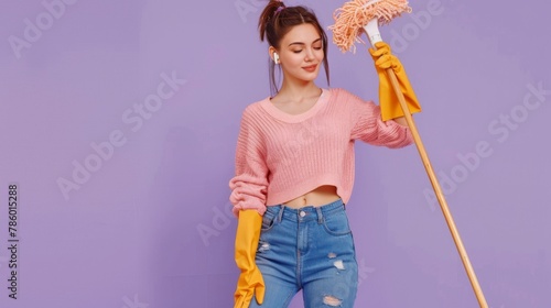 Woman Posing with Cleaning Mop photo