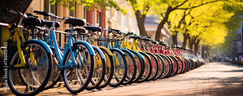 colorful bicycles parked along a city street, presenting urban mobility and an eco-friendly lifestyle.