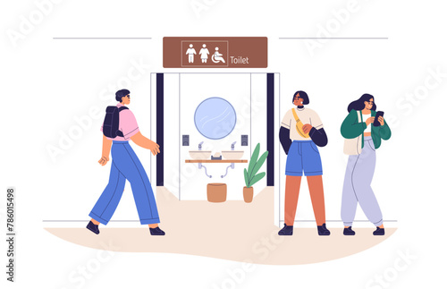 Public restroom, toilet. Male and female WC room. Common entrance to closet for men, women. People waiting near washroom, lavatory, latrine. Flat vector illustration isolated on white background