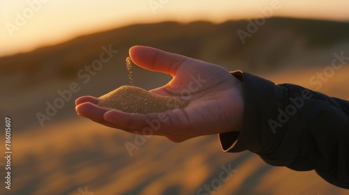 Arranges a hand holding sand that trickles between fingers, the warm beiges of the grains matching the subtle hues of the sunset in the background, expressing the fleeting nature of time photo