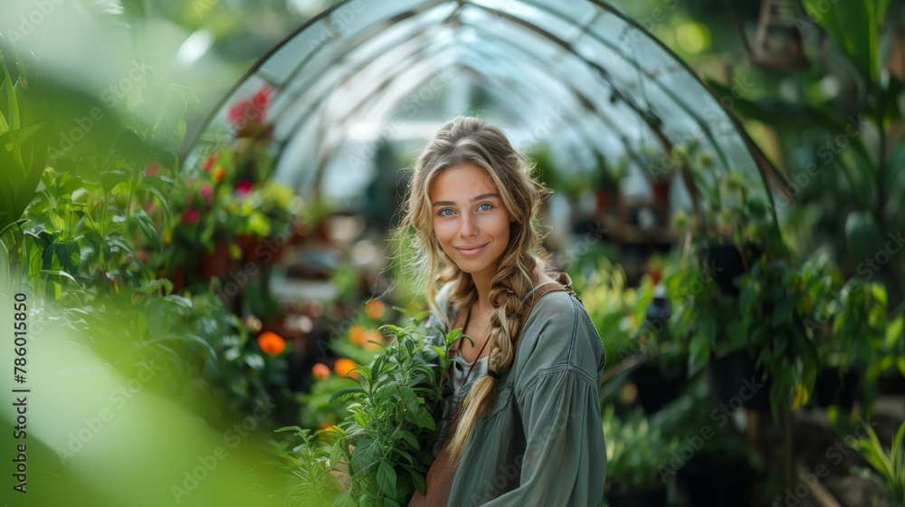 Young woman with a radiant smile tends to thriving plants in a sunlit greenhouse, showcasing a connection to nature and gardening. Young woman with a radiant smile tends to thriving plants in a sunlit greenhouse, showcasing a connection to nature and gardening.