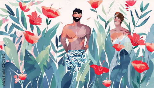 Vibrant illustration of two men standing amidst lush tropical plants and red poppies, capturing a serene and relaxing summer vibe. Perfect for depicting leisure, vacation, and tropical settings.