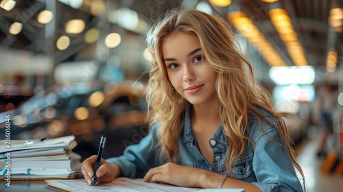 Young woman completes paperwork at a car rental agency, set against a backdrop of a busy car garage. Her focused expression and professional attire convey a sense of dedication and expertise. photo