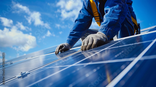 Solar panel installer on a rooftop verifying connections on a sunny day.