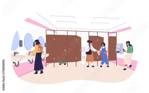School girls in public toilets. Kids in restroom. Children in WC, lavatory wi...