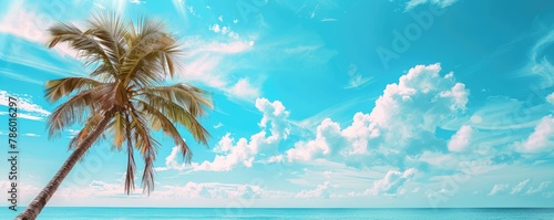 Vibrant image capturing a single, lush coconut palm tree against a clear blue sky with fluffy white clouds on a sunny day