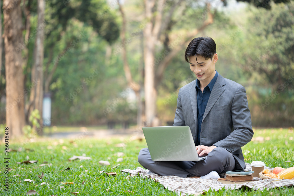 Portrait of smiling businessman using laptop on blanket at public park Portrait of smiling businessman using laptop on blanket at public park