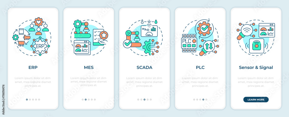 Automation pyramid onboarding mobile app screen. Walkthrough 5 steps ...