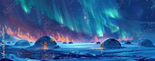 nightscape with glowing dome structures under the majestic dance of the Northern lights.