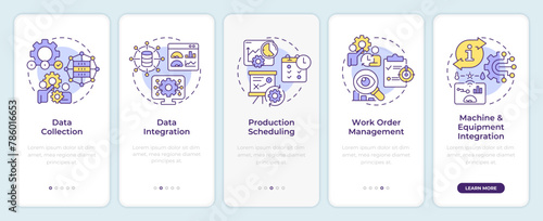 MES features onboarding mobile app screen. Factory automation. Walkthrough 5 steps editable graphic instructions with linear concepts. UI, UX, GUI template. Montserrat SemiBold, Regular fonts used