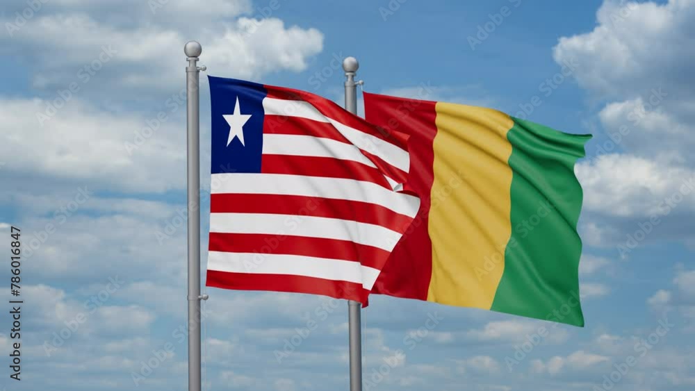 Republic of Guinea and Liberia two flags waving together, looped video, two country relations concept Republic of Guinea and Liberia two flags waving together, looped video, two country relations concept