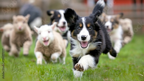 Border collie puppy herding sheep in lush pasture, displaying intelligence and playfulness photo