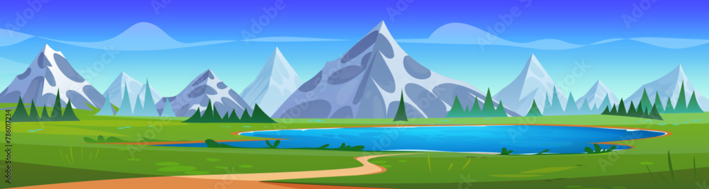 Blue lake in mountain valley. Vector cartoon illustration of beautiful alpine scenery with footpath in green grass, clear water under sunny sky with clouds, rocky peaks with glacier on horizon - obrazy, fototapety, plakaty 