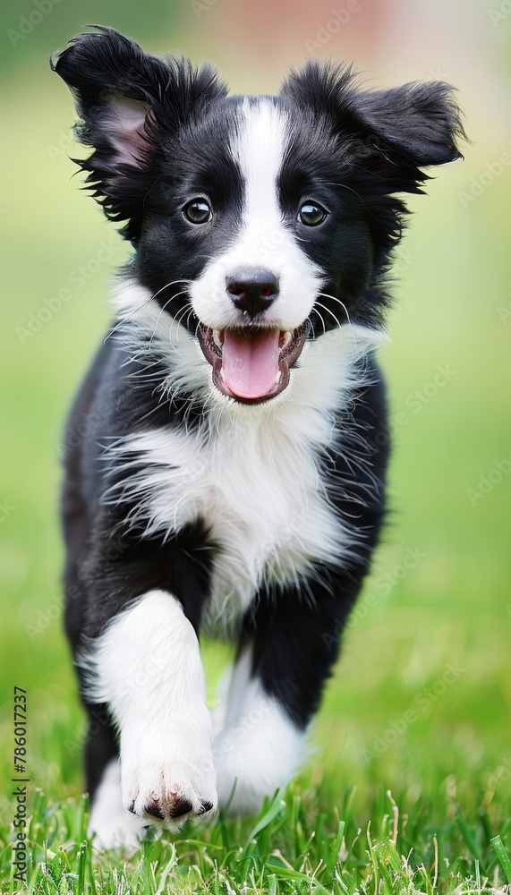 Border collie puppy herding sheep in lush green pasture, showcasing intelligence and energy