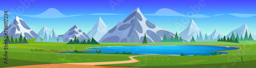 Blue lake in mountain valley. Vector cartoon illustration of beautiful alpine scenery with footpath in green grass, clear water under sunny sky with clouds, rocky peaks with glacier on horizon