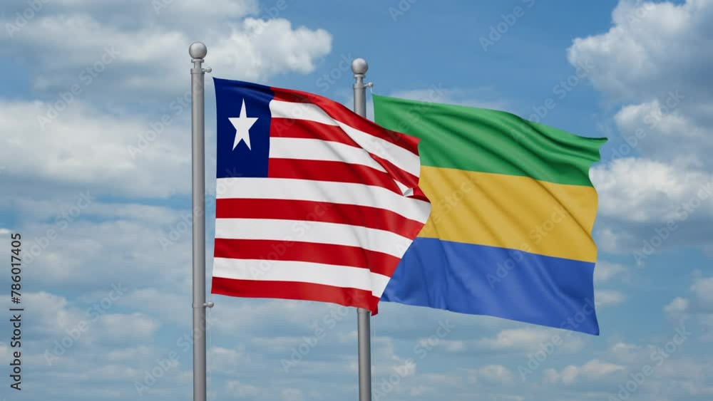 Gabon and Liberia two flags waving together, looped video, two country relations concept Gabon and Liberia two flags waving together, looped video, two country relations concept