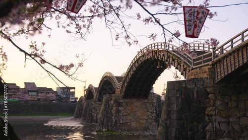 Sunrise in Japan, Spring Festival for Sakura at Iwakuni Kintaikyo Arched Bridge photo