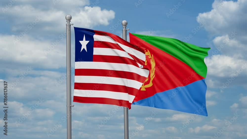 Eritrea and Liberia two flags waving together, looped video, two country cooperation concept Eritrea and Liberia two flags waving together, looped video, two country cooperation concept