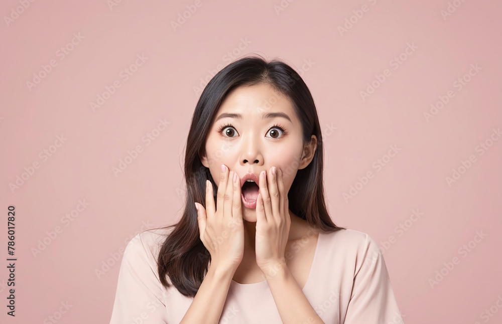 Beautiful surprised asian woman with hand over mouth on pastel background Beautiful surprised asian woman with hand over mouth on pastel background