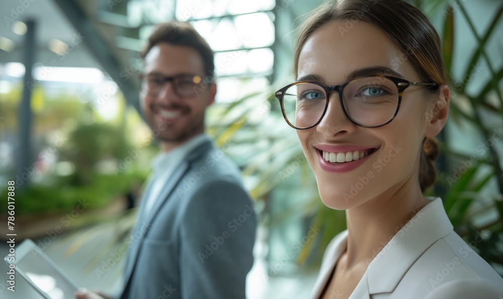 Young smiling diverse cheerful businesswoman and businessman standing close discussing working tasks with tablet during the conference meeting in light contemporary office building smiling at camera