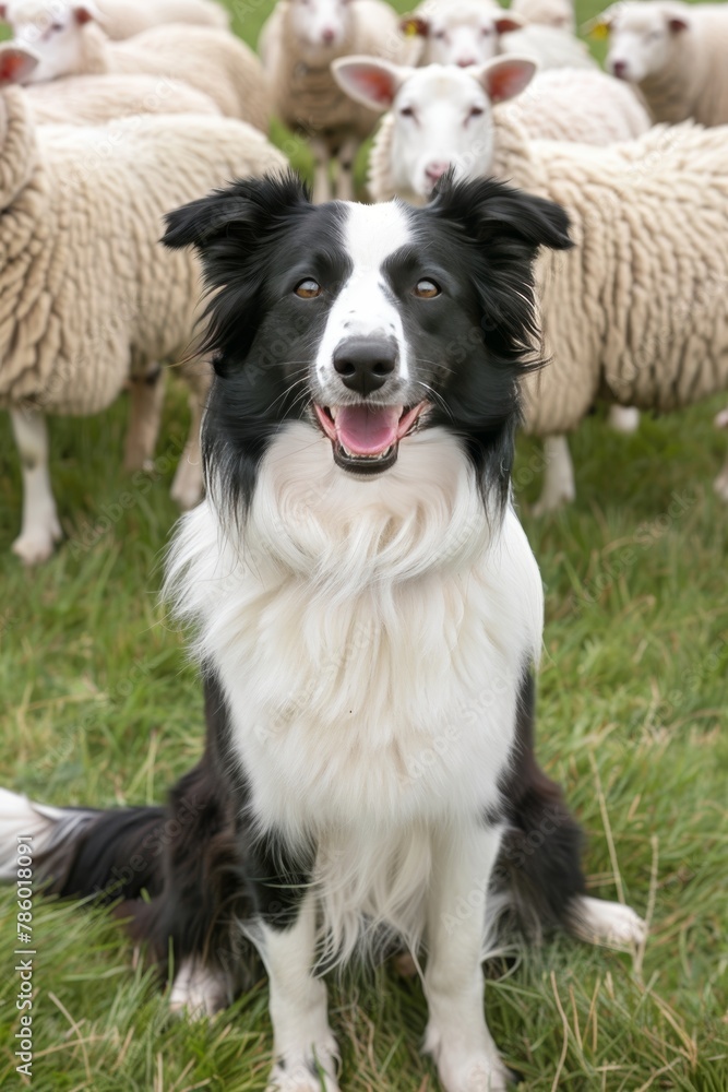 Fototapeta premium Energetic border collie puppy herding sheep in lush pasture a smart working dog