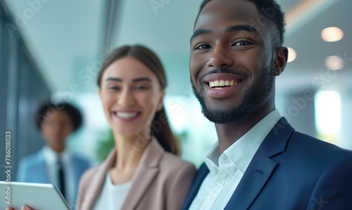 Young smiling diverse cheerful businesswoman and businessman standing close discussing working tasks with tablet during the conference meeting in light contemporary office building smiling at camera