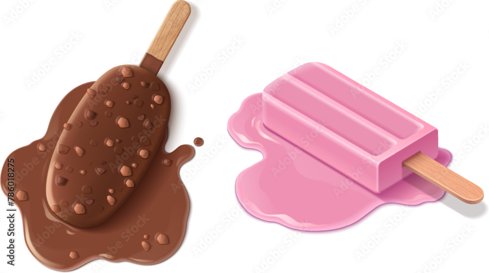Melted ice cream set isolated on white background. Vector realistic illustration of chocolate with ground nuts and vanilla dessert on wooden stick, sweet sticky puddle, restaurant menu or food design - obrazy, fototapety, plakaty 
