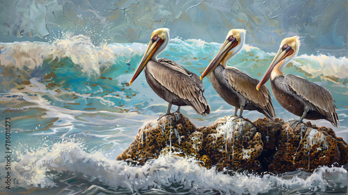 Four brown pelicans perched on a rock in the ocean