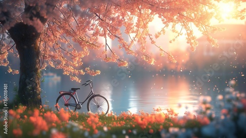 A bicycle with blossoms pedals through a serene urban park, blending harmoniously with the city's greenery.