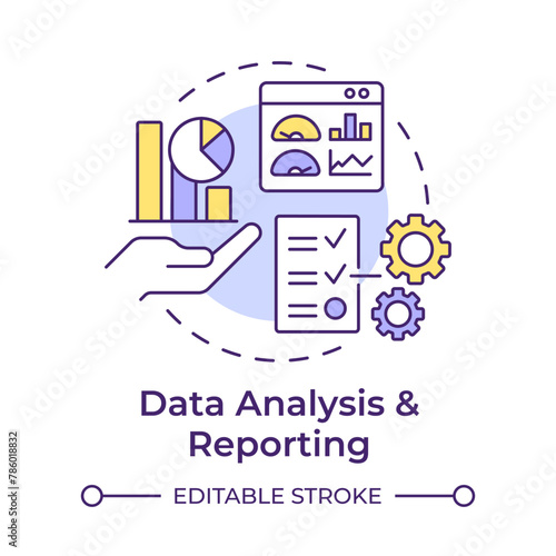 Data analysis and reporting multi color concept icon. Industry material management. Task accomplishment. Round shape line illustration. Abstract idea. Graphic design. Easy to use in infographic