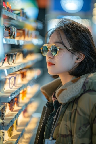 Asian male customer carefully trying on optical glasses, browsing through selections in store 8K , high-resolution, ultra HD,up32K HD photo